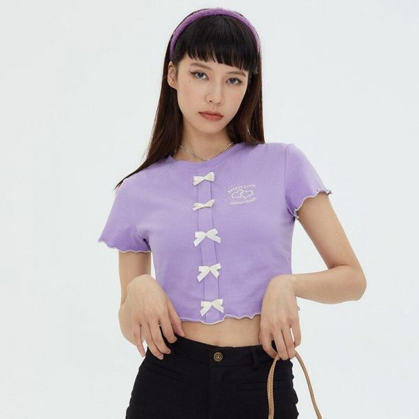 Pastel Purple Bow Button Crop Tee - 10 - Kawaii Mix