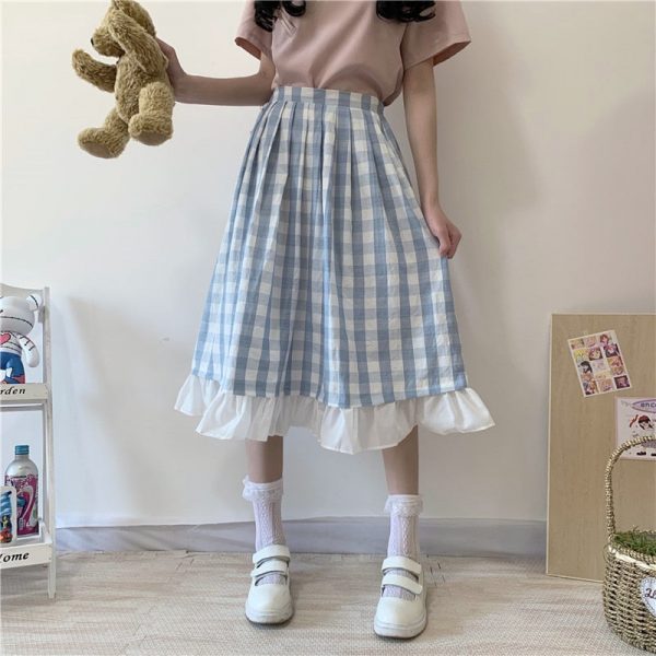 Sweet Teen Girl Plaid Vintage Long Skirt - 1 - Kawaii Mix