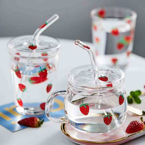 Kawaii Strawberry Glass Mug With Straw - 1 - Kawaii Mix