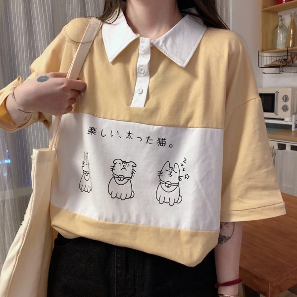 Sleepy Kitty Preppy Loose Oversize T-shirt - 1 - Kawaii Mix