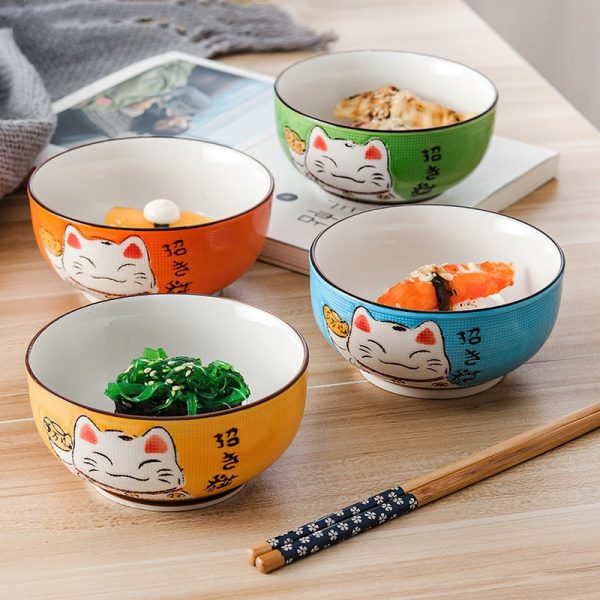 Multi-size Japanese Lucky Cat Round Ceramic Bowl - 1 - Kawaii Mix