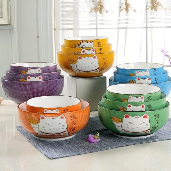 Multi-size Japanese Lucky Cat Round Ceramic Bowl - 8 - Kawaii Mix