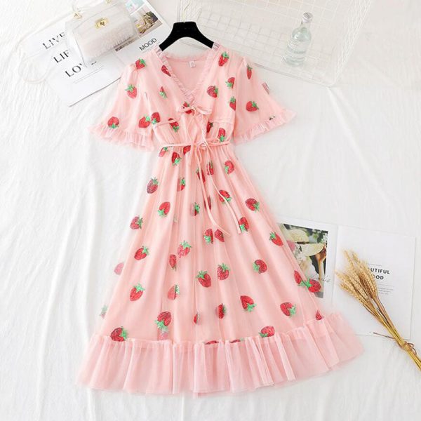 Spring Strawberry Sequin Dress - 2 - Kawaii Mix