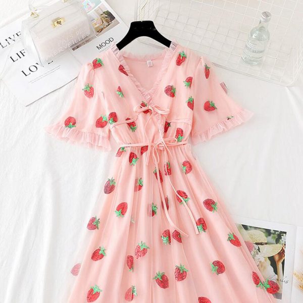 Spring Strawberry Sequin Dress - 7 - Kawaii Mix