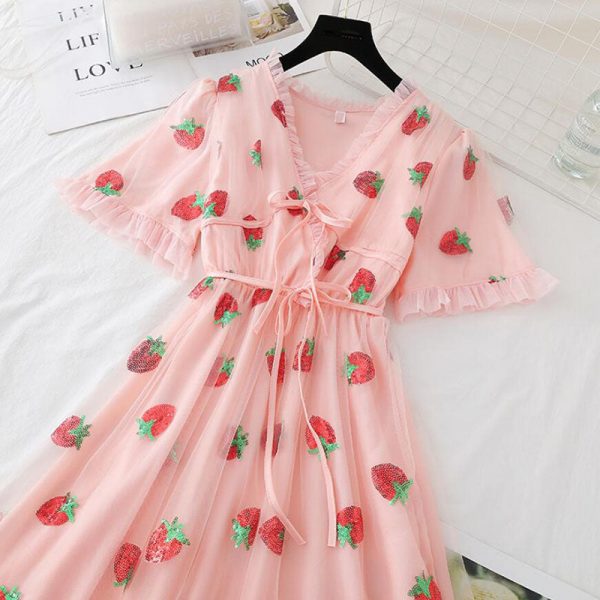 Spring Strawberry Sequin Dress - 5 - Kawaii Mix