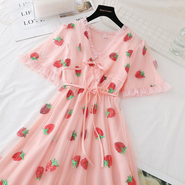 Spring Strawberry Sequin Dress - 6 - Kawaii Mix