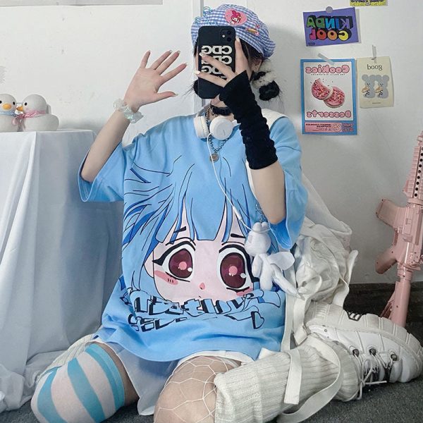 Kawaii Anime Cute Blue T-shirt - 3 - Kawaii Mix