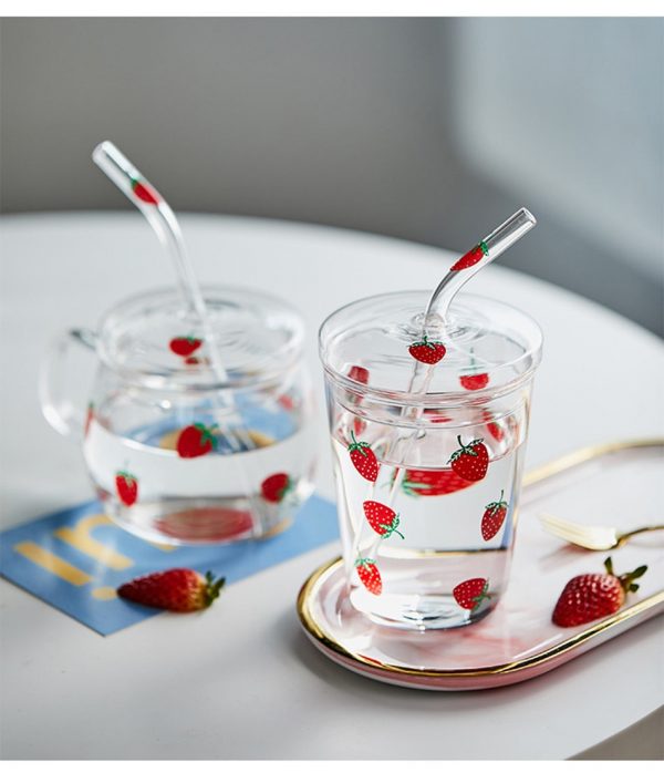 Kawaii Strawberry Glass Mug With Straw - 2 - Kawaii Mix