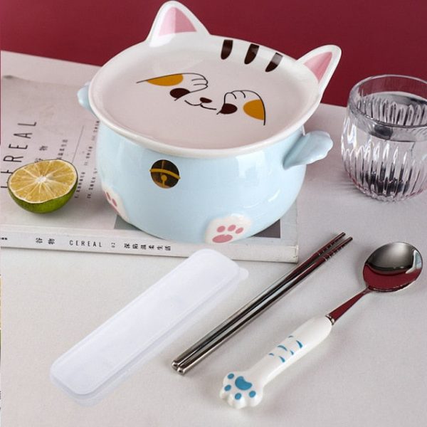 Kawaii Cat Ramen Bowl With Chopsticks Lid Spoon Plate - 11 - Kawaii Mix