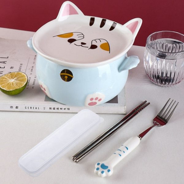Kawaii Cat Ramen Bowl With Chopsticks Lid Spoon Plate - 15 - Kawaii Mix
