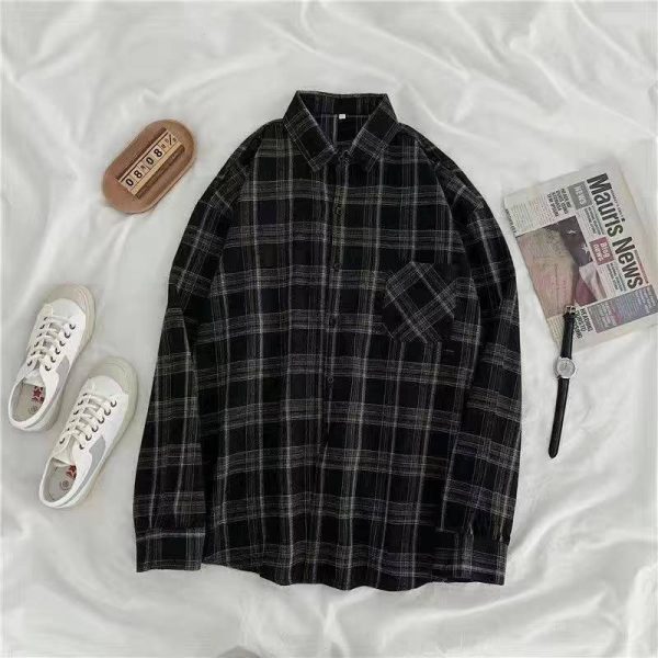 Vintage Korean Plaid Long Sleeve Oversize Button Up Shirts - 12 - Kawaii Mix