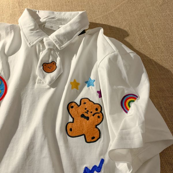 Space Bear Embroidery Kawaii Polo Tie Tee - 4 - Kawaii Mix