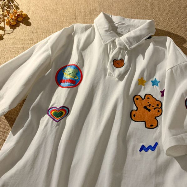 Space Bear Embroidery Kawaii Polo Tie Tee - 6 - Kawaii Mix