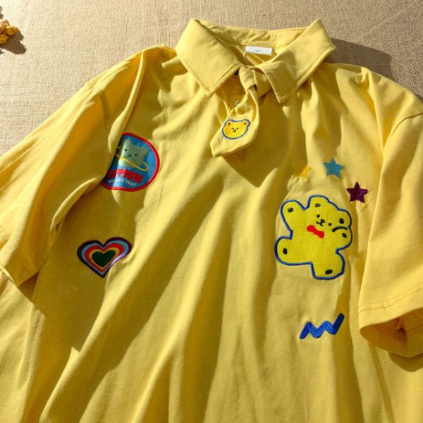 Space Bear Embroidery Kawaii Polo Tie Tee - 3 - Kawaii Mix