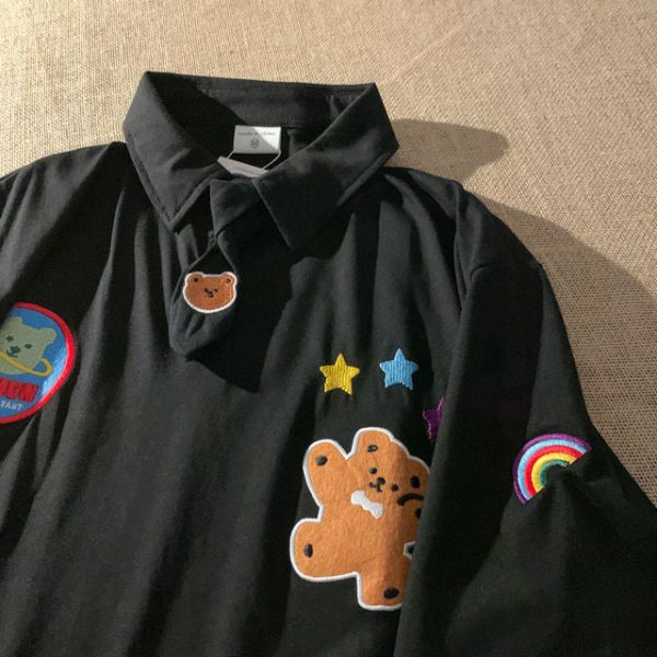 Space Bear Embroidery Kawaii Polo Tie Tee - 2 - Kawaii Mix
