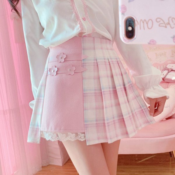 Kawaii Patchwork Plaid Sakura Skirt - 1 - Kawaii Mix