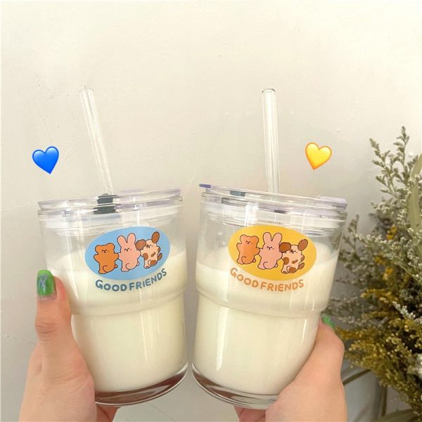 350ml Good Friends Glass Water Cup With Straw & Lid - 1 - Kawaii Mix
