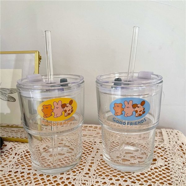 350ml Good Friends Glass Water Cup With Straw & Lid - 3 - Kawaii Mix