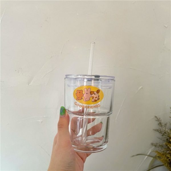 350ml Good Friends Glass Water Cup With Straw & Lid - 4 - Kawaii Mix