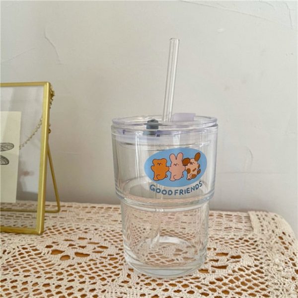 350ml Good Friends Glass Water Cup With Straw & Lid - 5 - Kawaii Mix