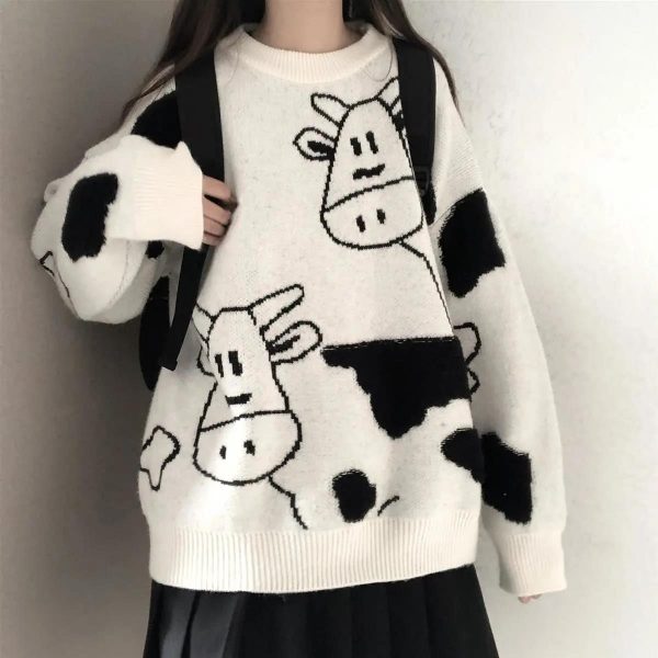 Kawaii Cow Print Loose Fit Sweater Pullover - 1 - Kawaii Mix