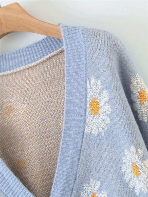 Retro Daisy Print Knitted Cardigan - 6 - Kawaii Mix