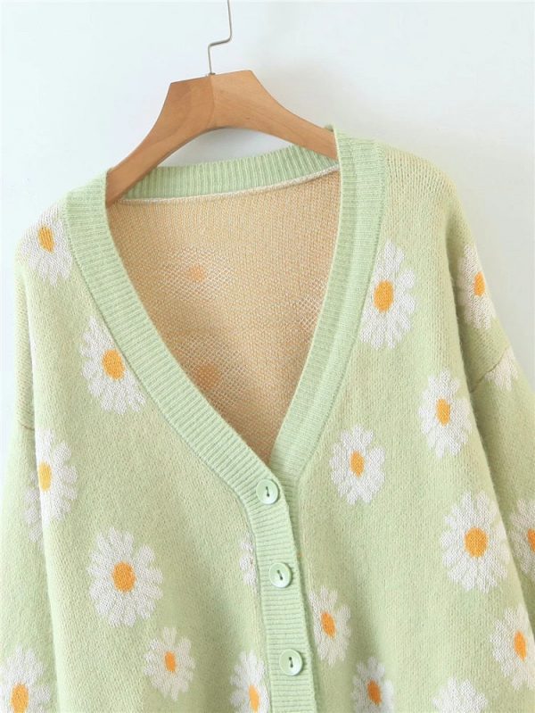 Retro Daisy Print Knitted Cardigan - 20 - Kawaii Mix