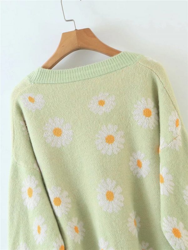 Retro Daisy Print Knitted Cardigan - 21 - Kawaii Mix