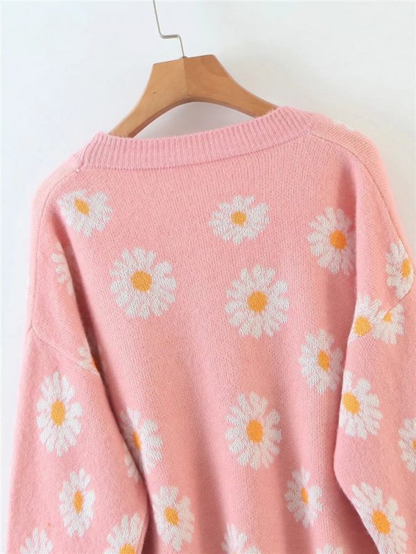 Retro Daisy Print Knitted Cardigan - 24 - Kawaii Mix