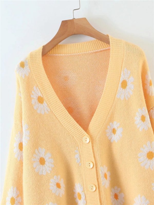 Retro Daisy Print Knitted Cardigan - 7 - Kawaii Mix