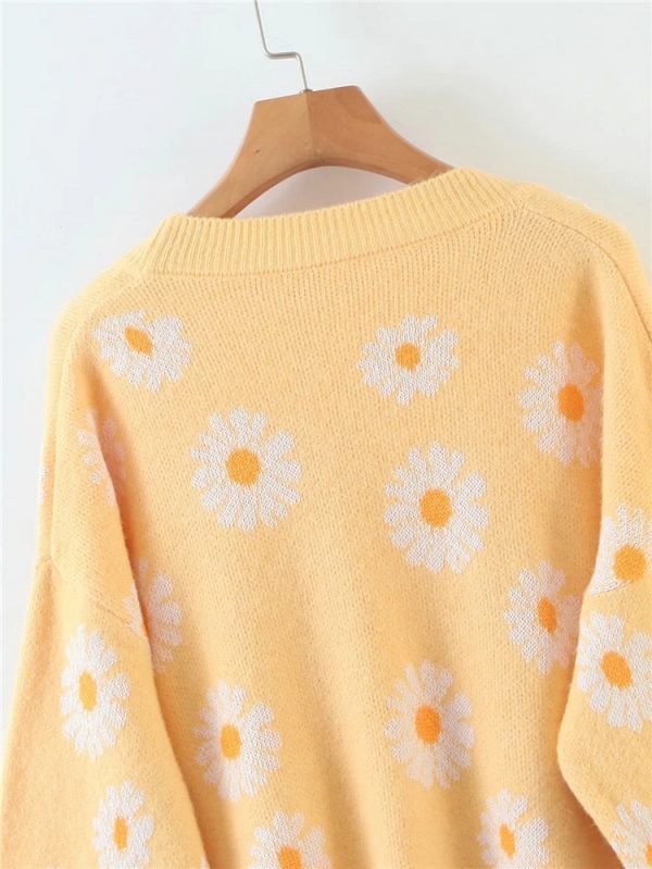 Retro Daisy Print Knitted Cardigan - 22 - Kawaii Mix