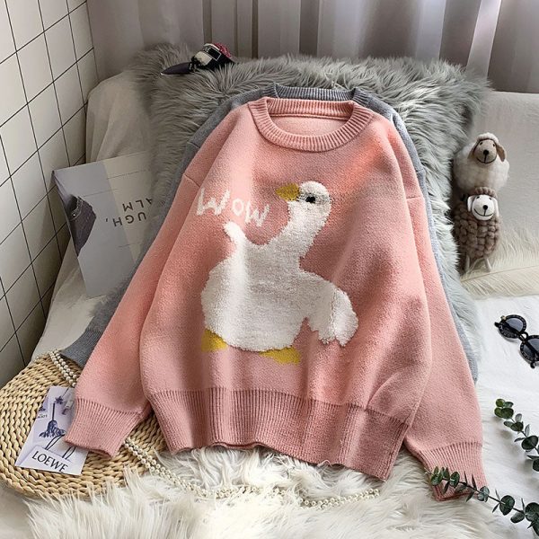 Kawaii Goose Print Aesthetic Knitted Sweater - 2 - Kawaii Mix