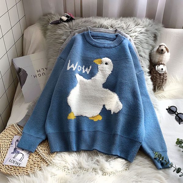 Kawaii Goose Print Aesthetic Knitted Sweater - 1 - Kawaii Mix