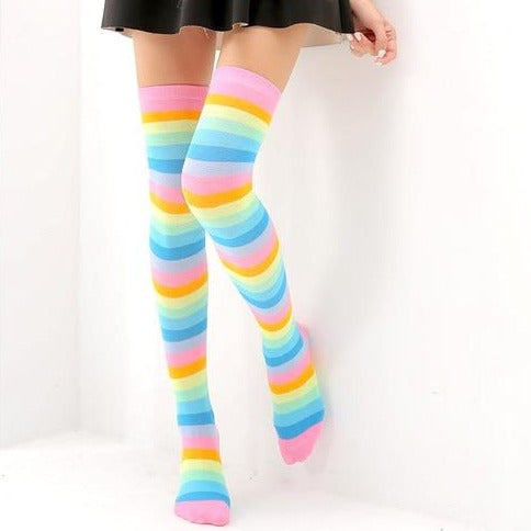 Rainbow Stripe Knee High Socks - 1 - Kawaii Mix