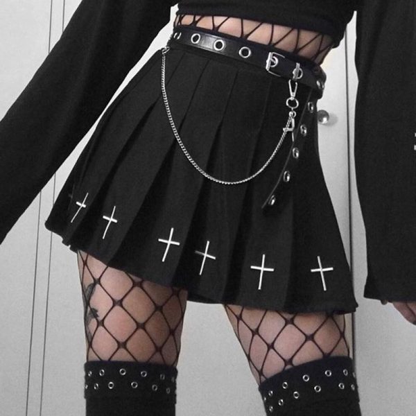 Cross Pleated plaid Black Skirt SD00877 - 1 - Kawaii Mix