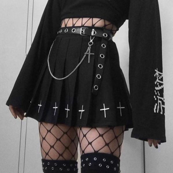 Cross Pleated plaid Black Skirt SD00877 - 2 - Kawaii Mix
