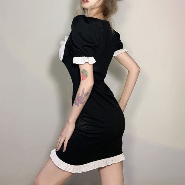 Lace Ribbon Puff Sleeve Black & White Slim Dress SD01803 - 3 - Kawaii Mix
