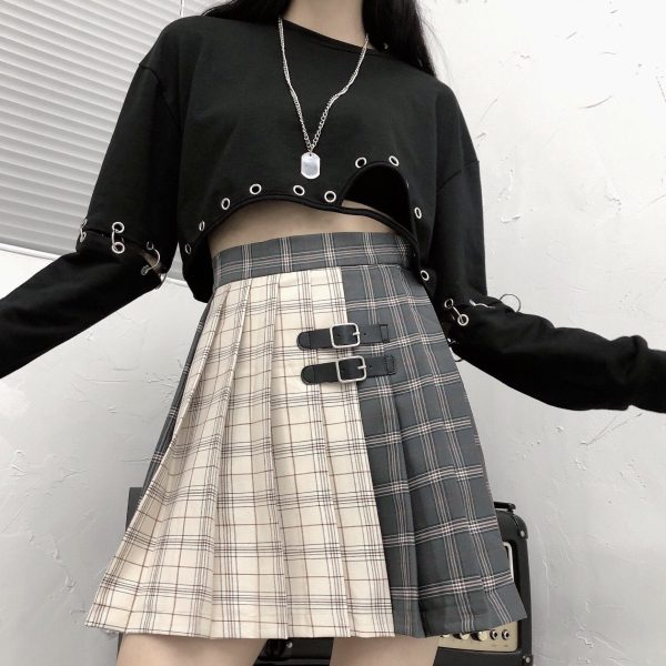 Double Color Strap Plaid Pleated Skirt SD01721 - 1 - Kawaii Mix