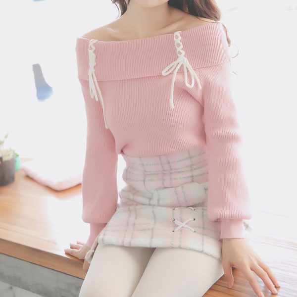 Cross Strings Pink Shoulder-less Sweater SD00279 - 1 - Kawaii Mix