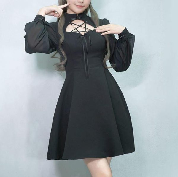 Black See through lantern Sleeve Pentagram Open Chest Dress SD00346 - 3 - Kawaii Mix